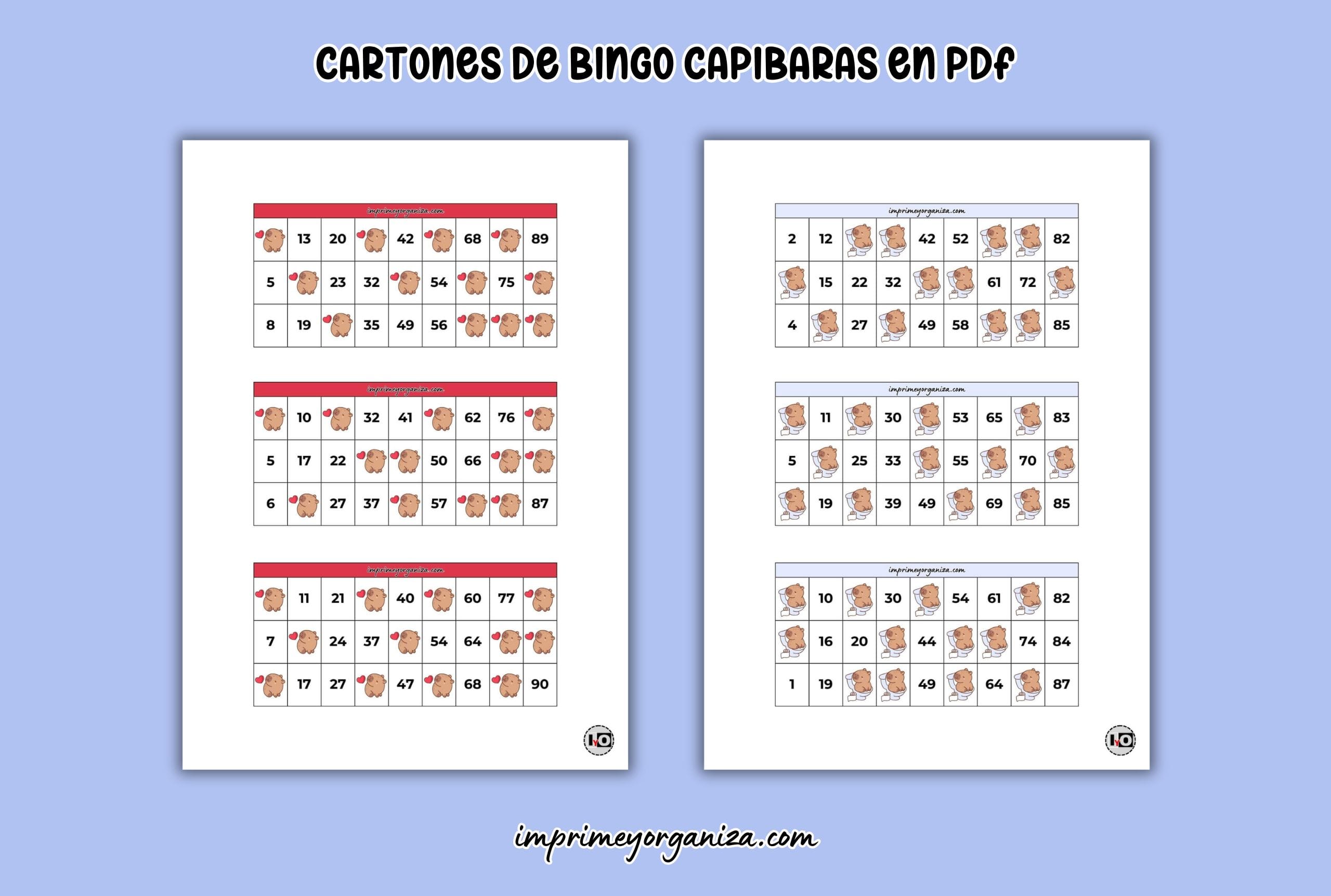 cartones de bingo de capibaras colores para imprimir en PDF gratis