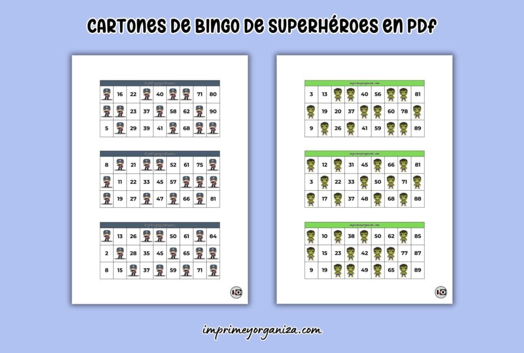 cartones de bingo de superhéroes para imprimir en PDF gratis