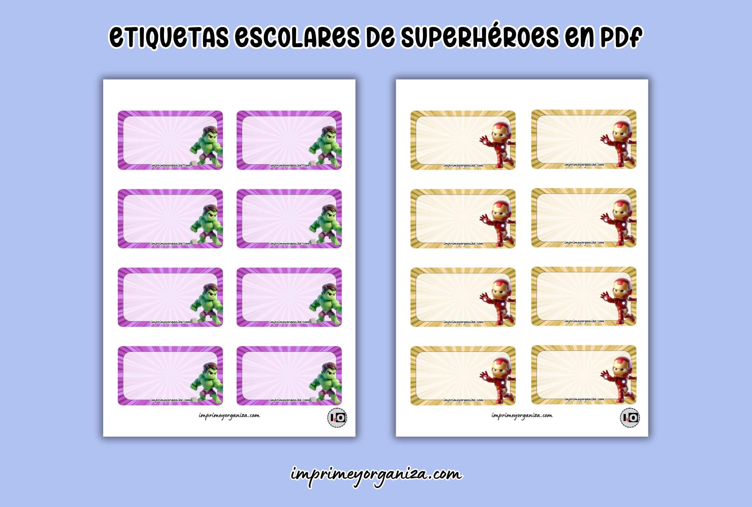 etiquetas para útiles escolares de superhéroes en PDF gratis