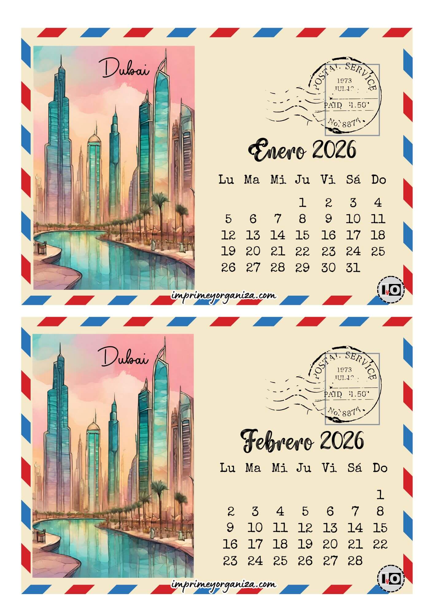 Calendario 2026 Postal Dubai