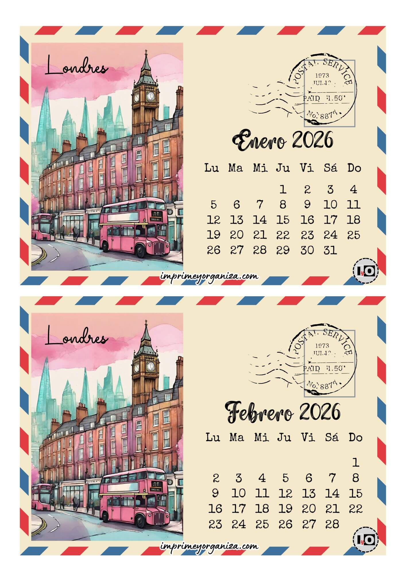 Calendario 2026 Postal Londres
