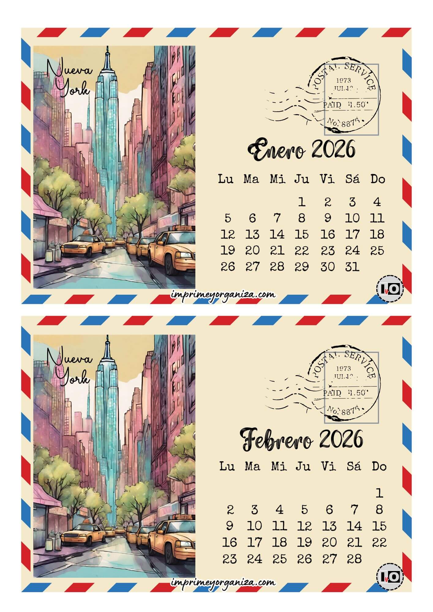 Calendario 2026 Postal Nueva York