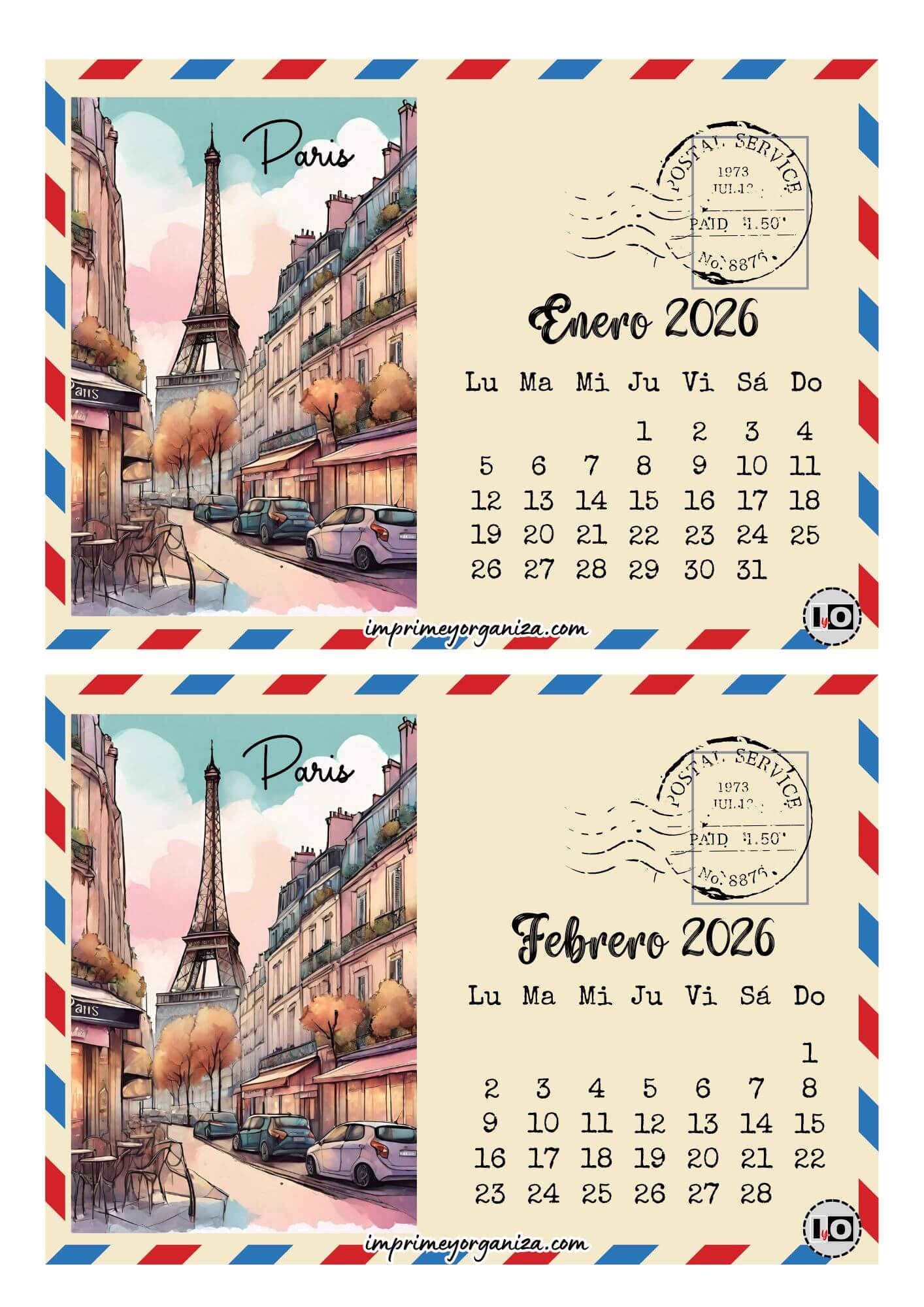 Calendario 2026 Postal Paris