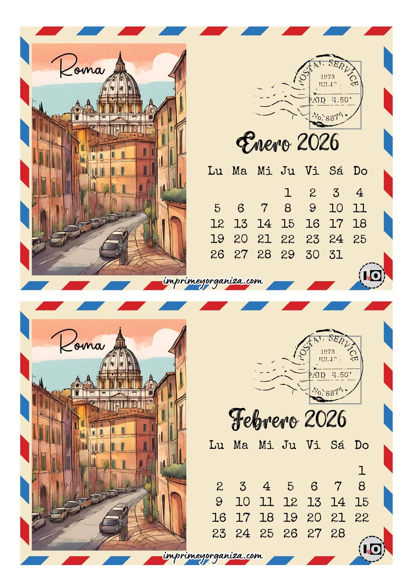 Calendario 2026 Postal Roma
