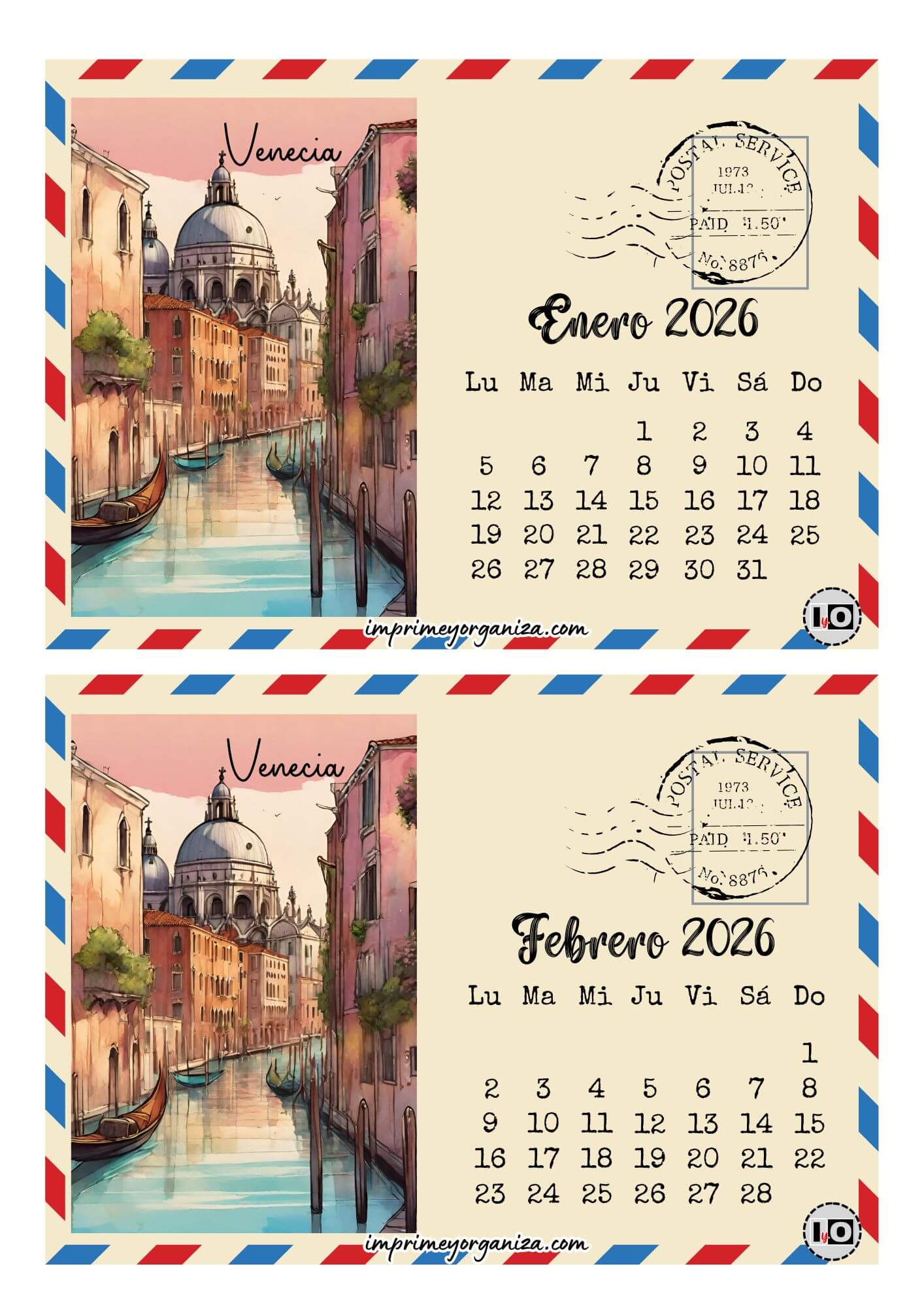 Calendario 2026 Postal Venecia
