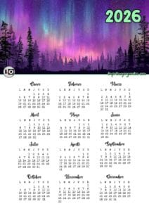 Calendario 2026 Silueta Bosque Aurora Boreal