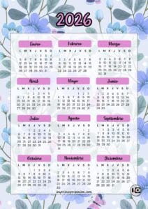 Calendario 2026 de Flores Azules