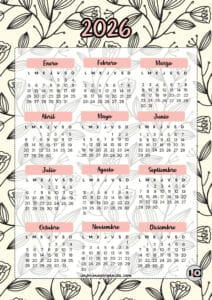 Calendario 2026 de flores minimalistas