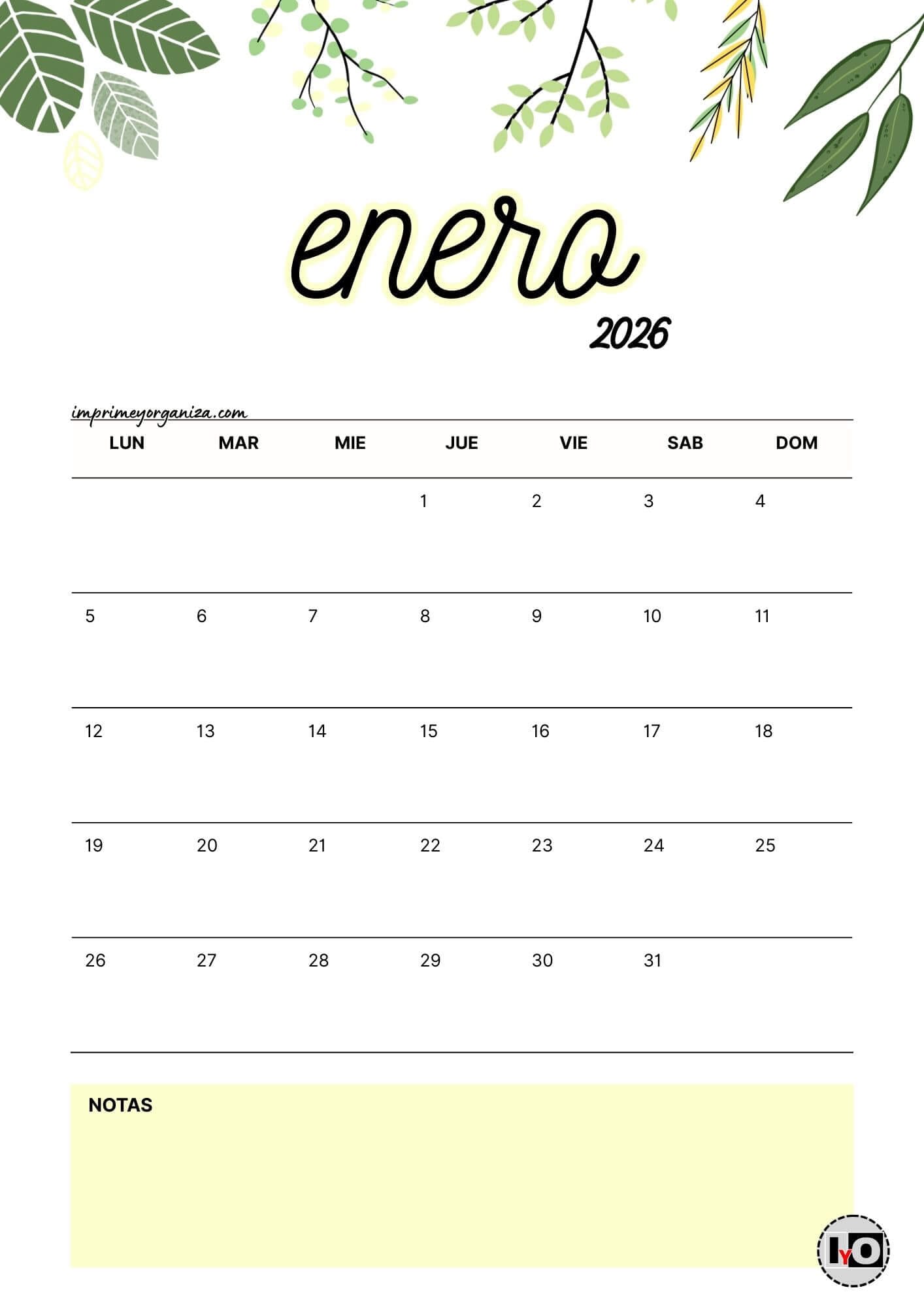 Calendario Mensual 2026 Flores Amarillo