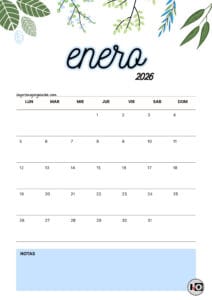 Calendario Mensual 2026 Flores Azul