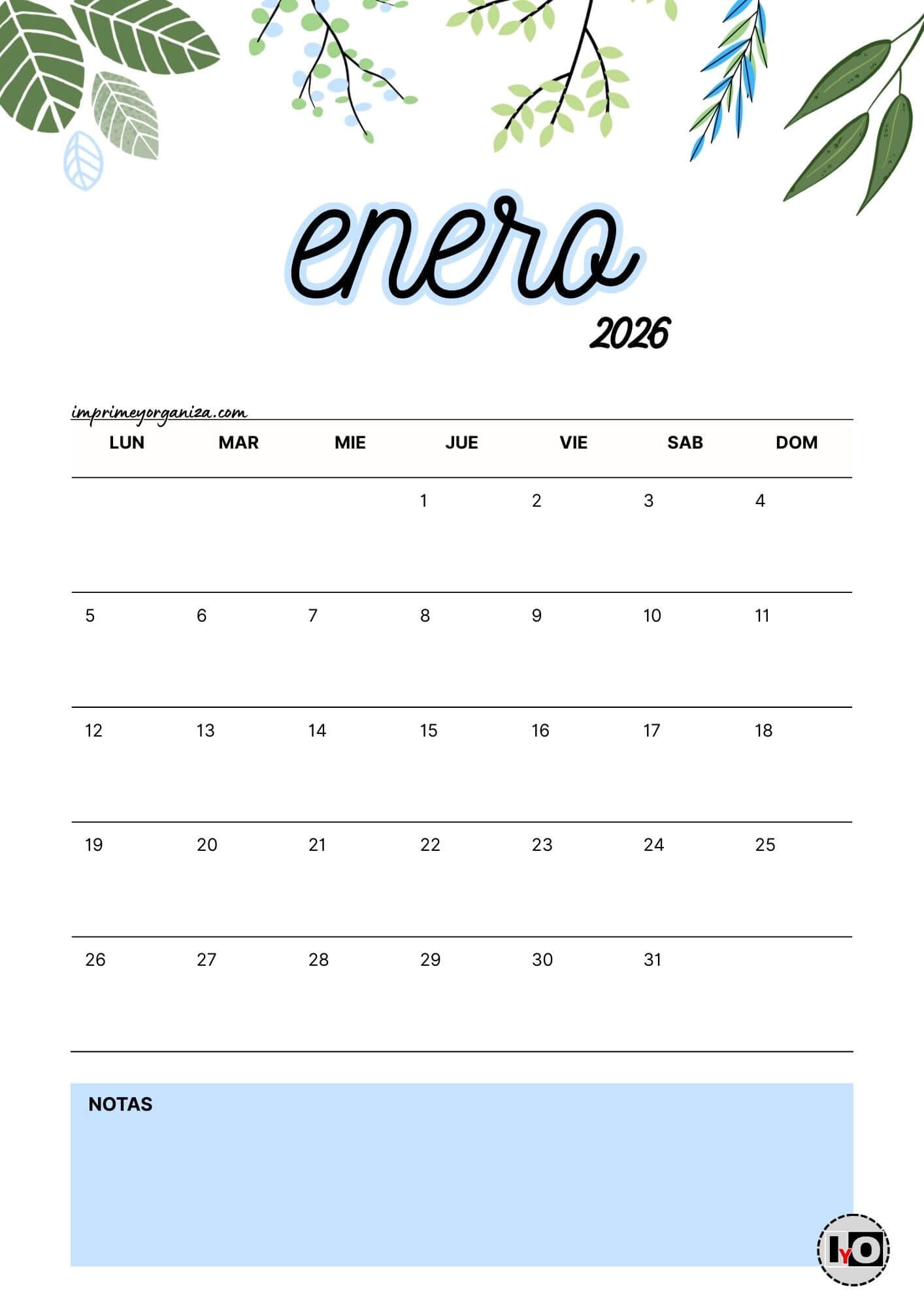 Calendario Mensual 2026 Flores Azul