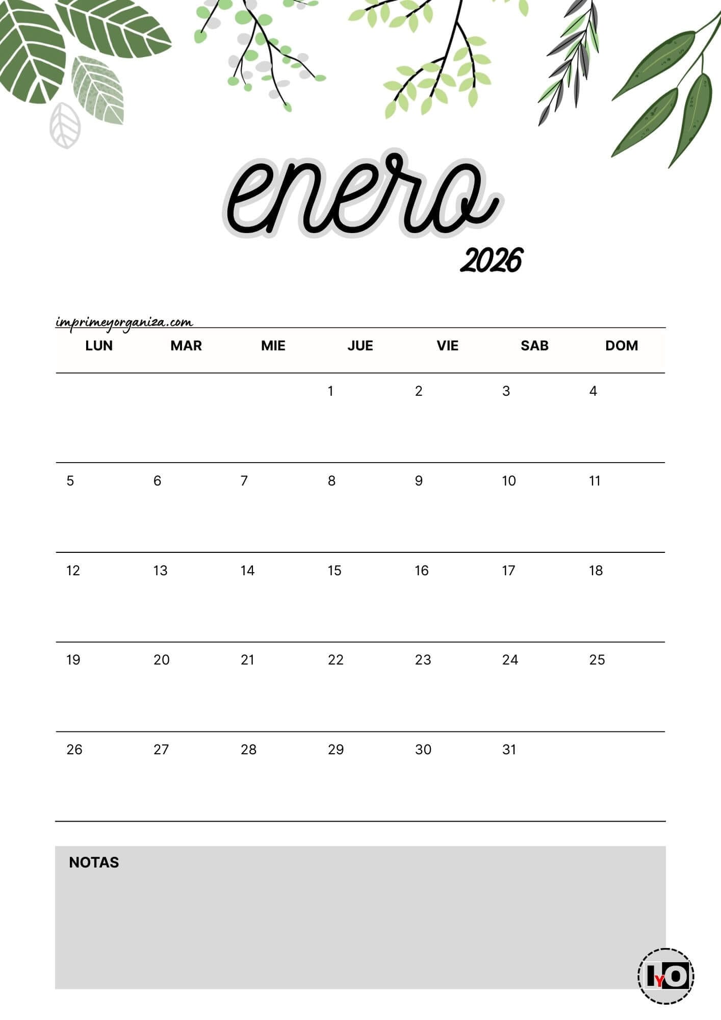 Calendario Mensual 2026 Flores Gris