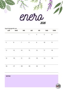 Calendario Mensual 2026 Flores Lila