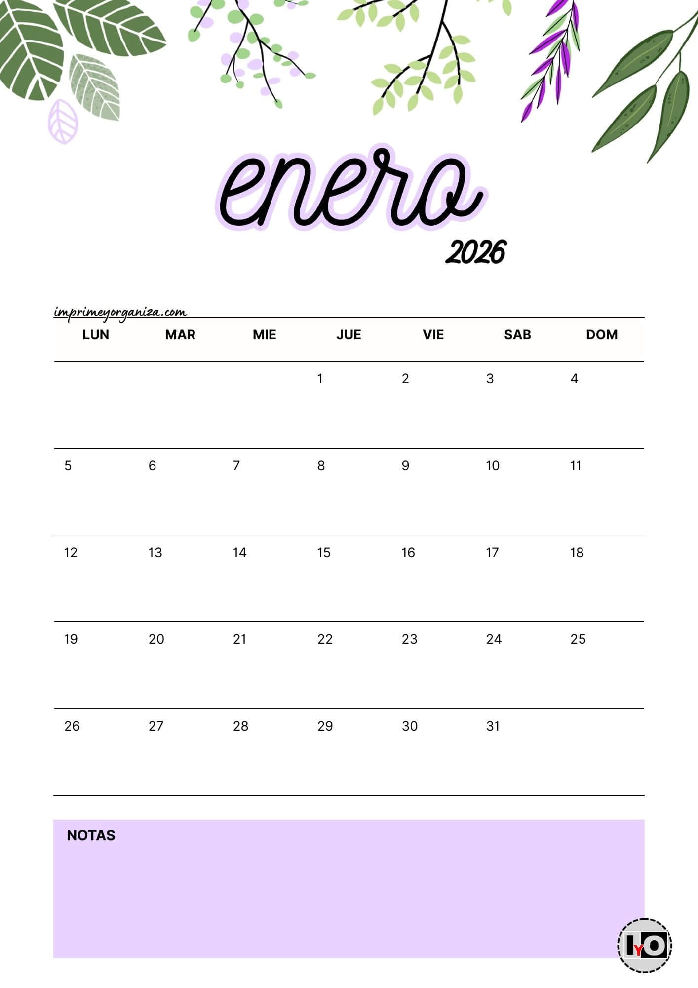 Calendario Mensual 2026 Flores Lila