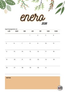 Calendario Mensual 2026 Flores Marrón
