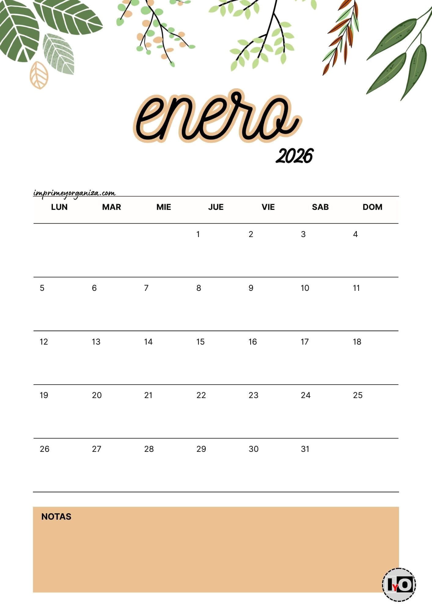 Calendario Mensual 2026 Flores Marrón