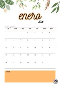 Calendario Mensual 2026 Flores Naranja