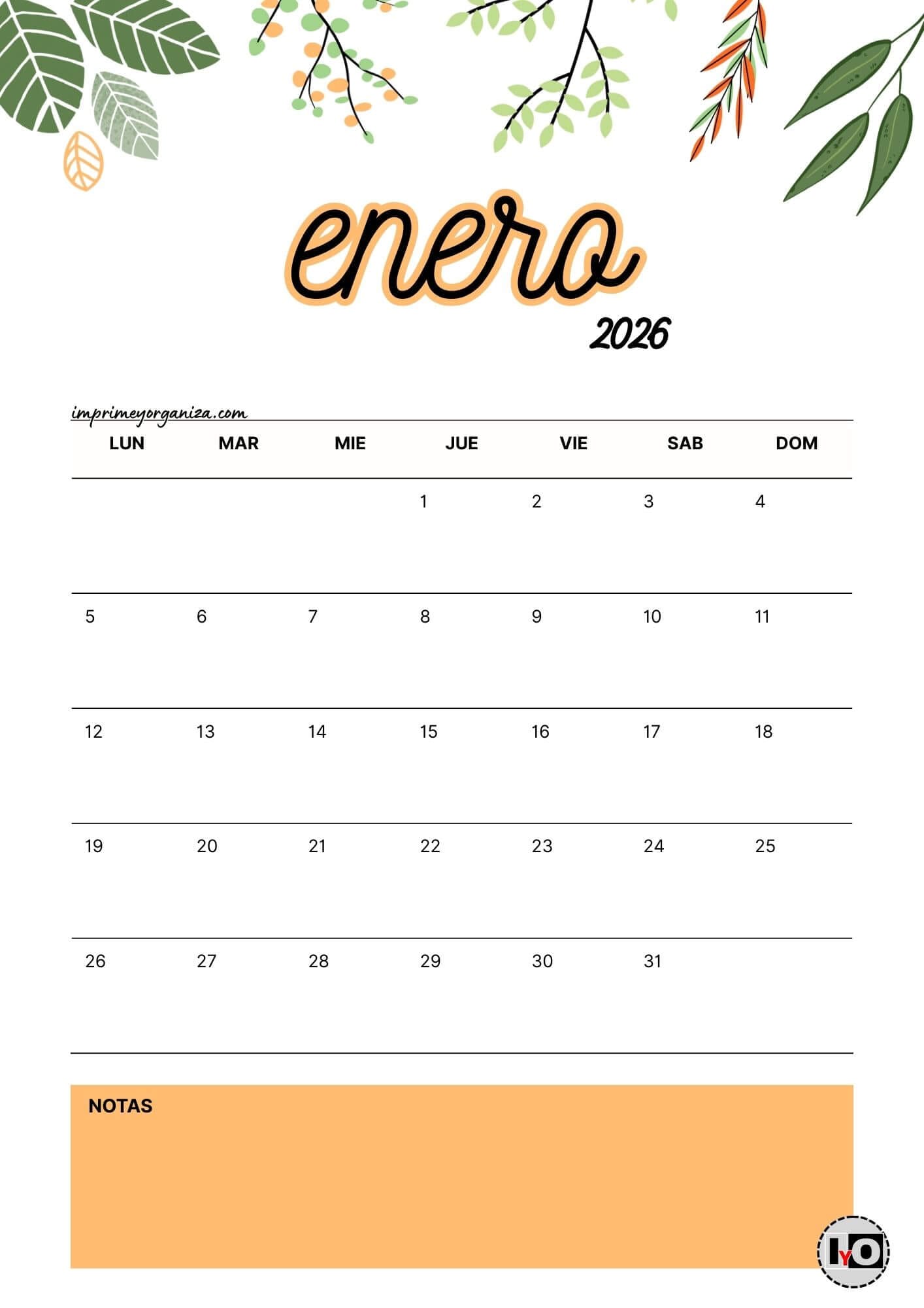 Calendario Mensual 2026 Flores Naranja