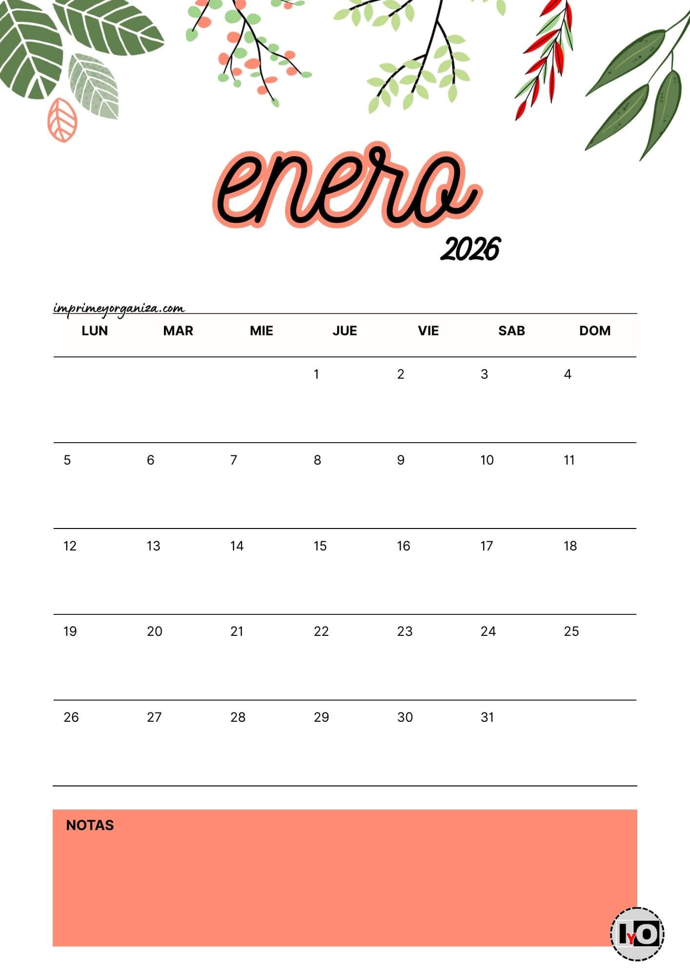 Calendario Mensual 2026 Flores Rojo