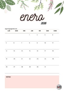 Calendario Mensual 2026 Flores Rosa