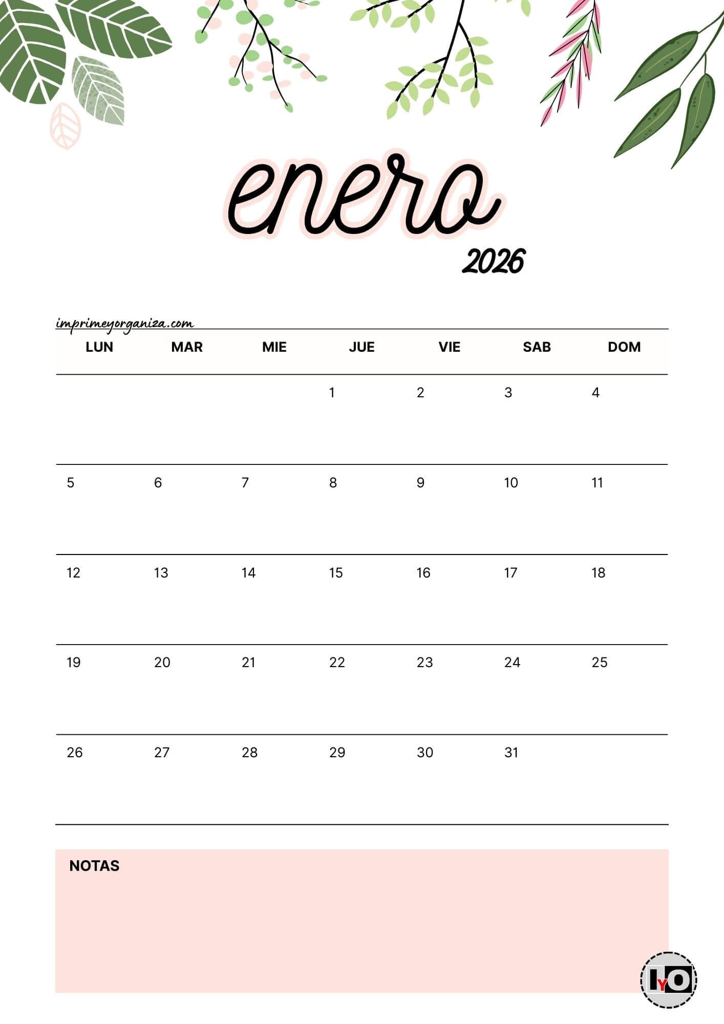 Calendario Mensual 2026 Flores Rosa