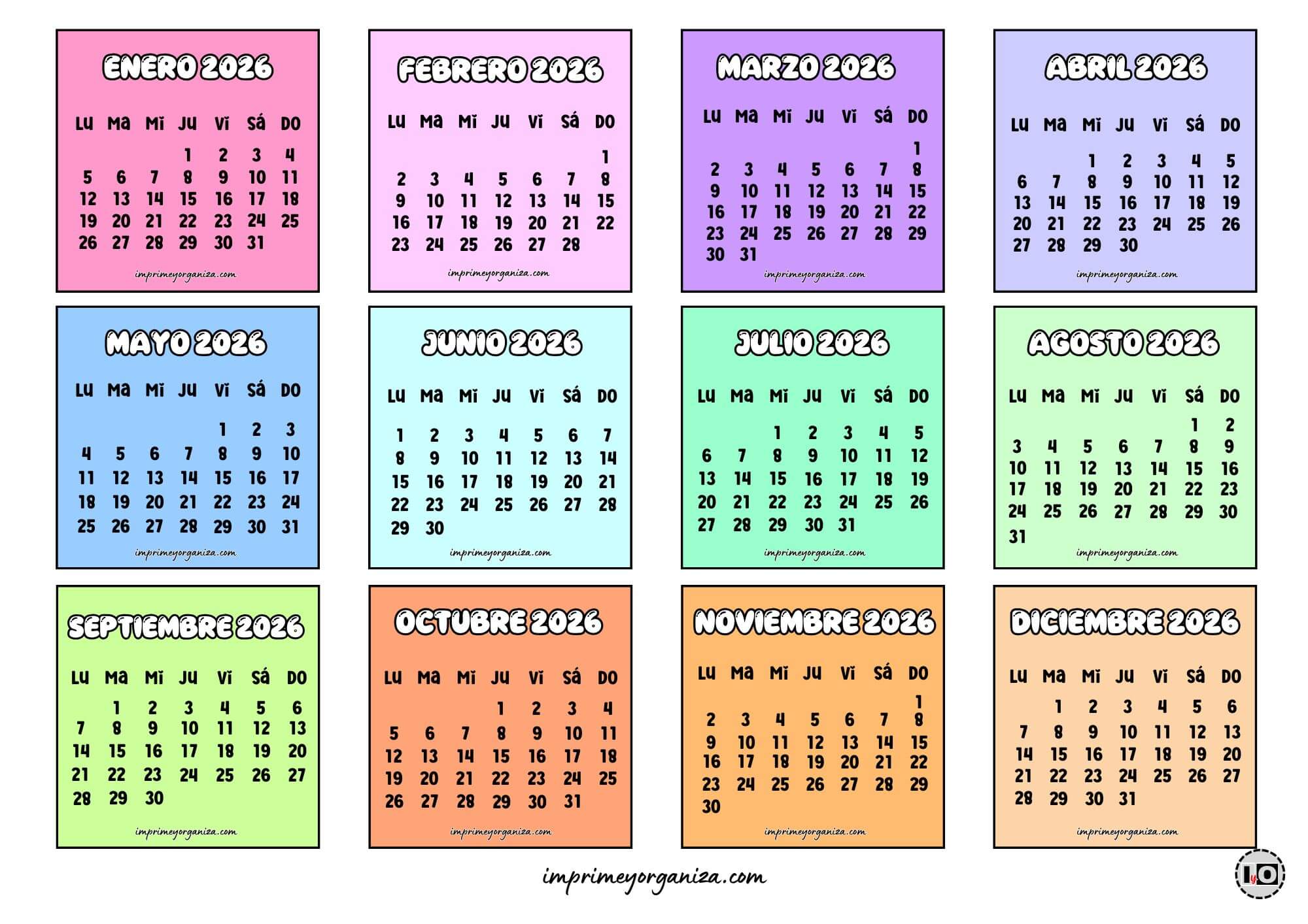Minicalendarios 2026 Colores