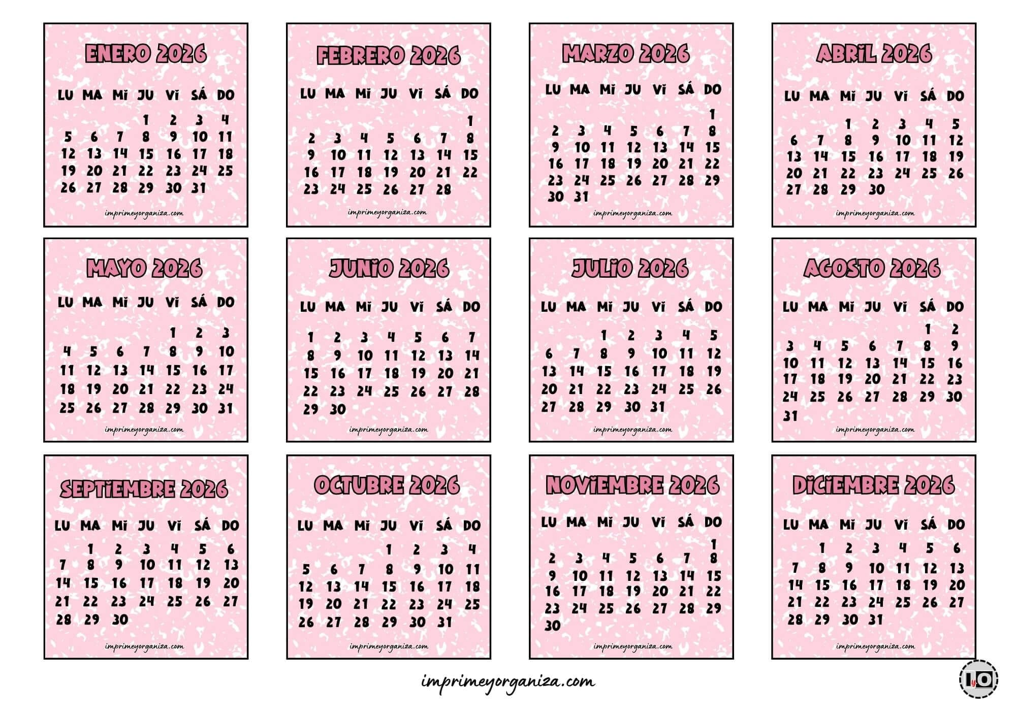 Minicalendarios 2026 Pink
