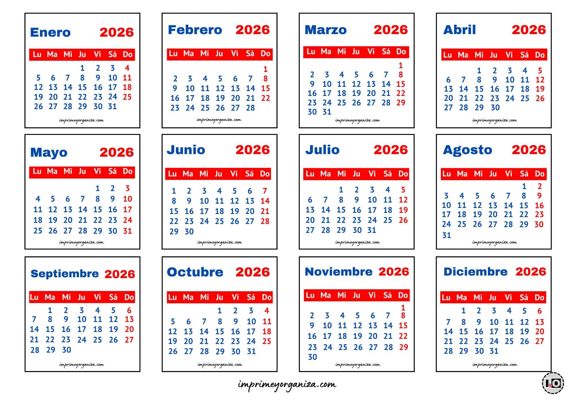 Minicalendarios 2026 tipo mignon