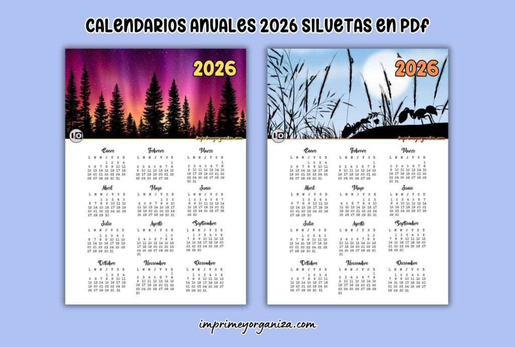 calendarios anuales 2026 de siluetas gratis en pdf
