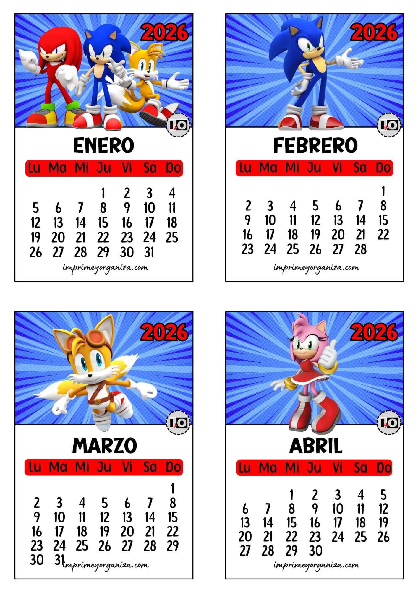 Calendario 2026 apilable Sonic