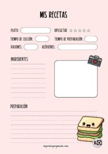Hoja de receta sándwich Kawaii