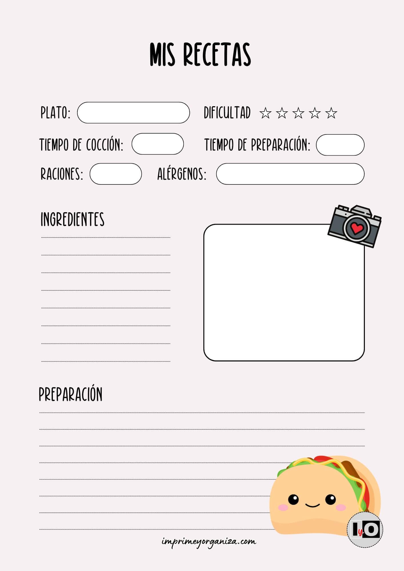 Hoja de receta taco Kawaii