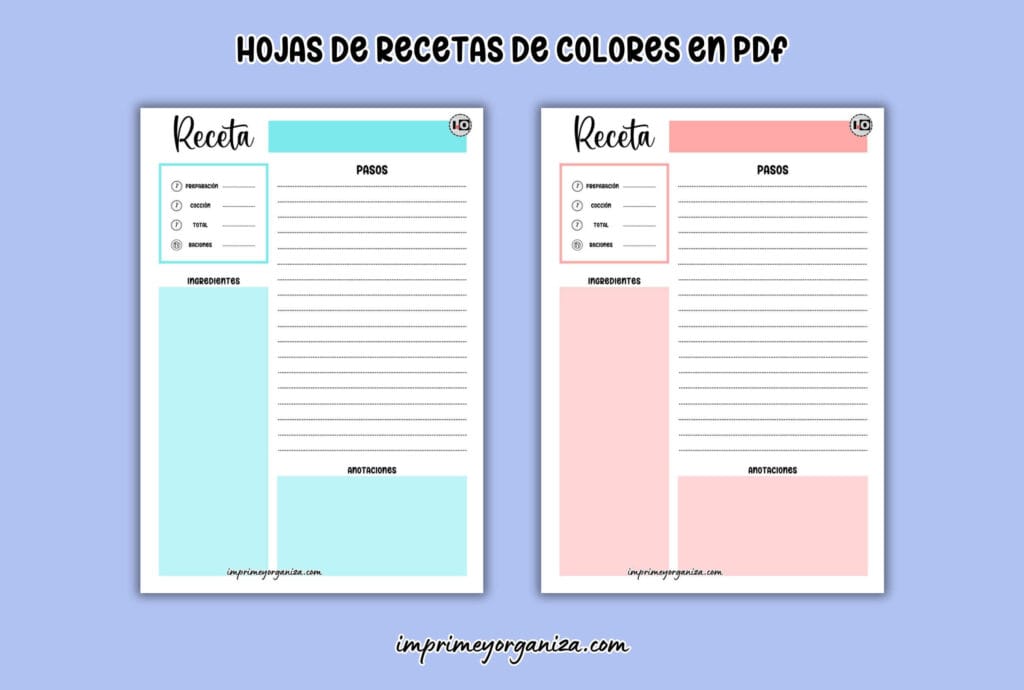 hojas de recetas de colores en pdf