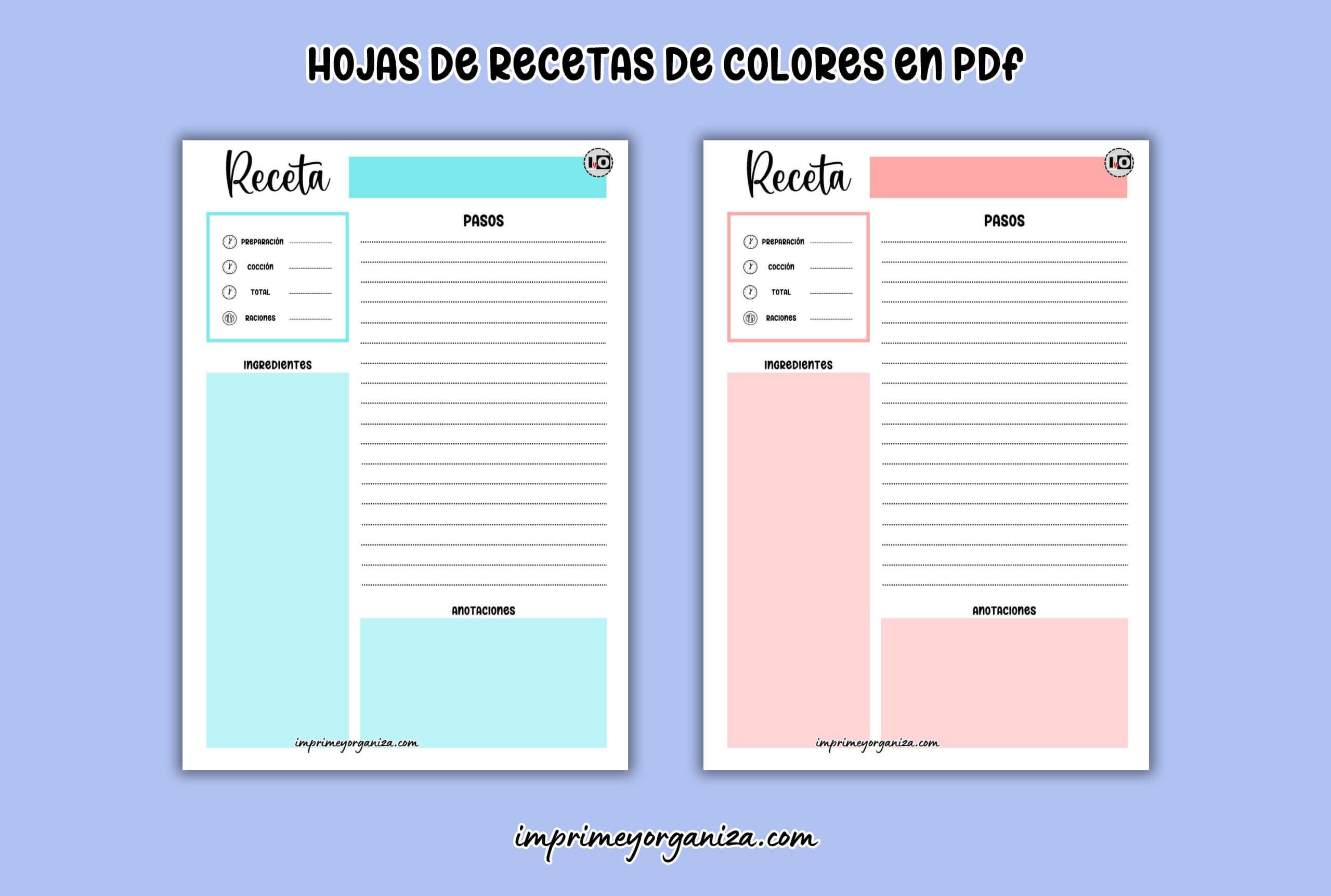 hojas de recetas de colores en pdf