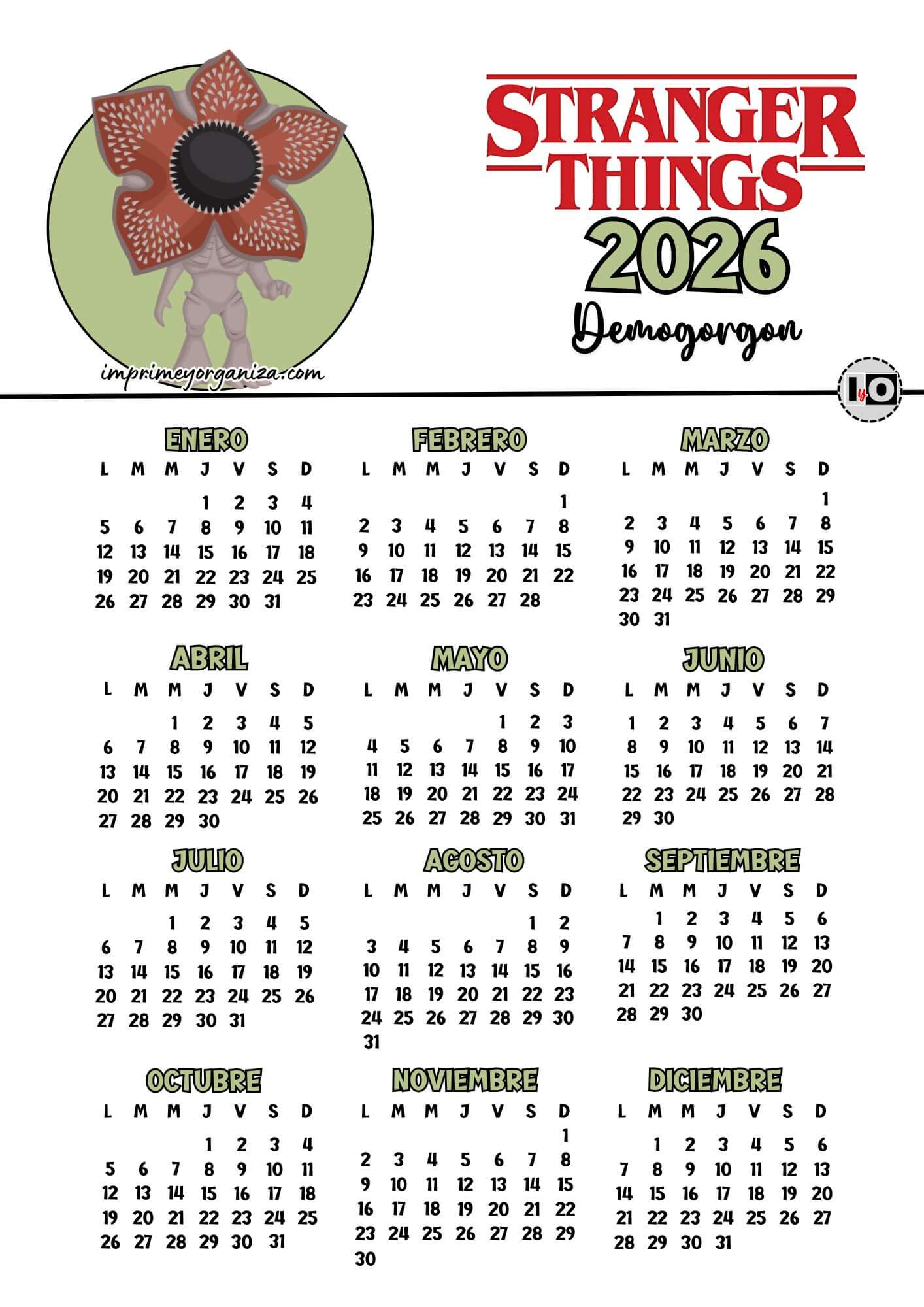 Calendario 2026 Stranger Things Demogorgon