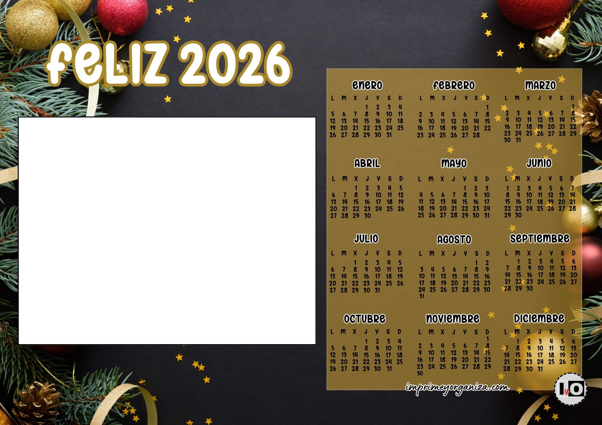 Calendario Feliz 2026 Negro y Dorado