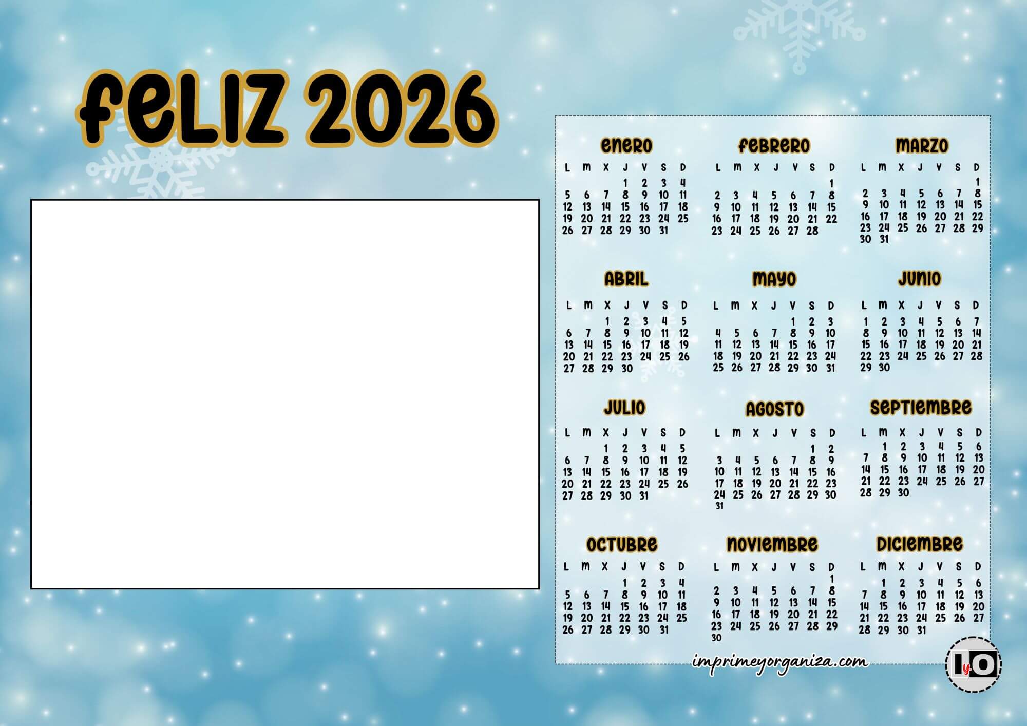 Calendario Feliz 2026 Nieve