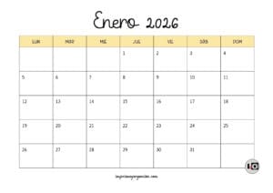 Calendario Mensual 2026 Amarillo