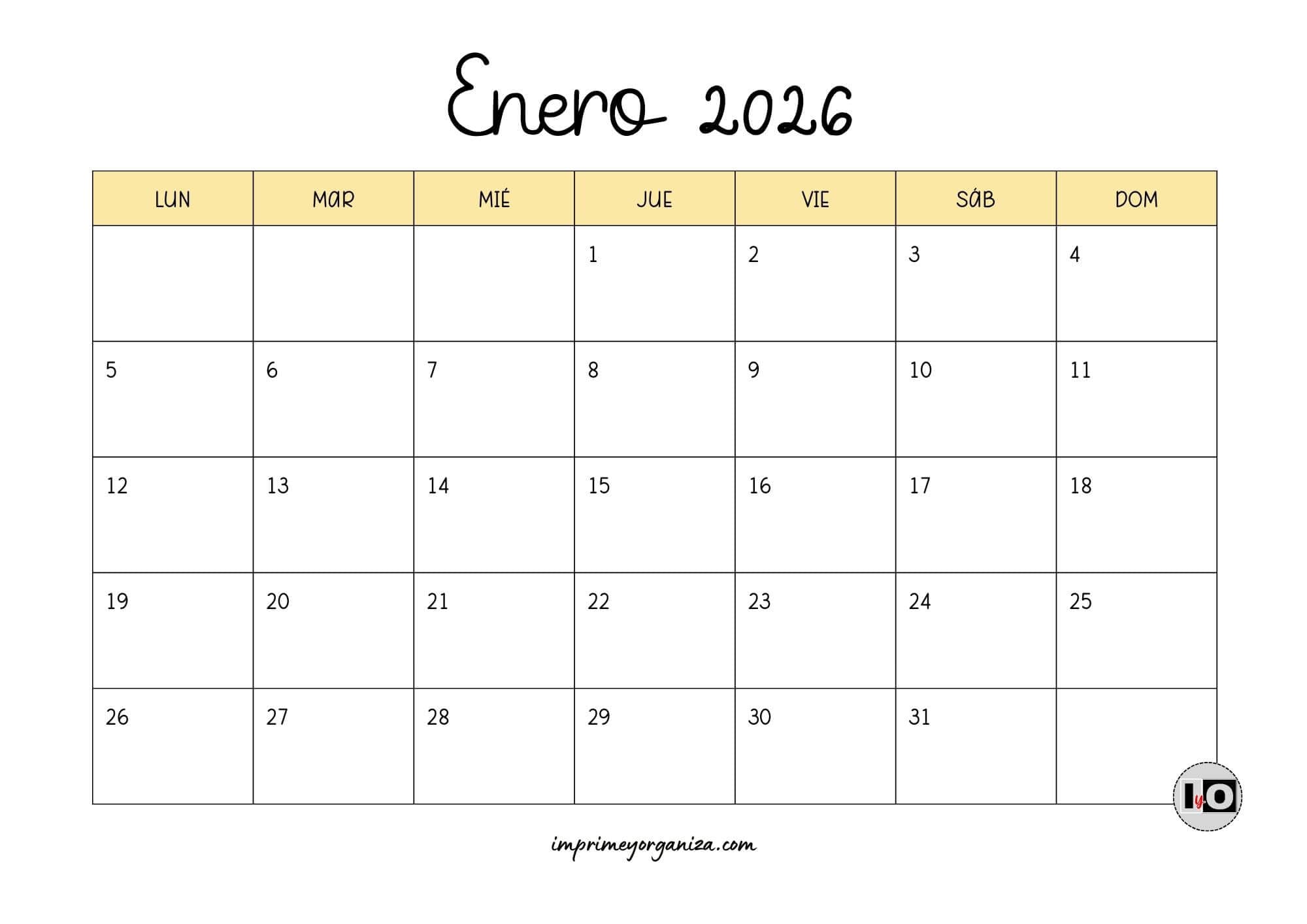 Calendario Mensual 2026 Amarillo