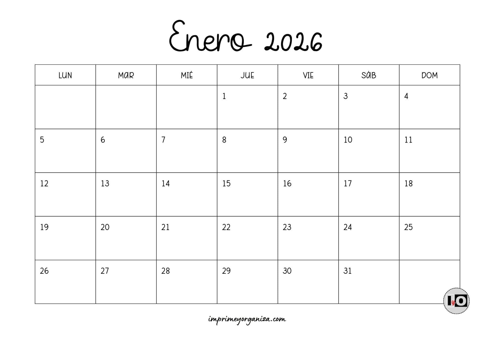 Calendario Mensual 2026 Blanco