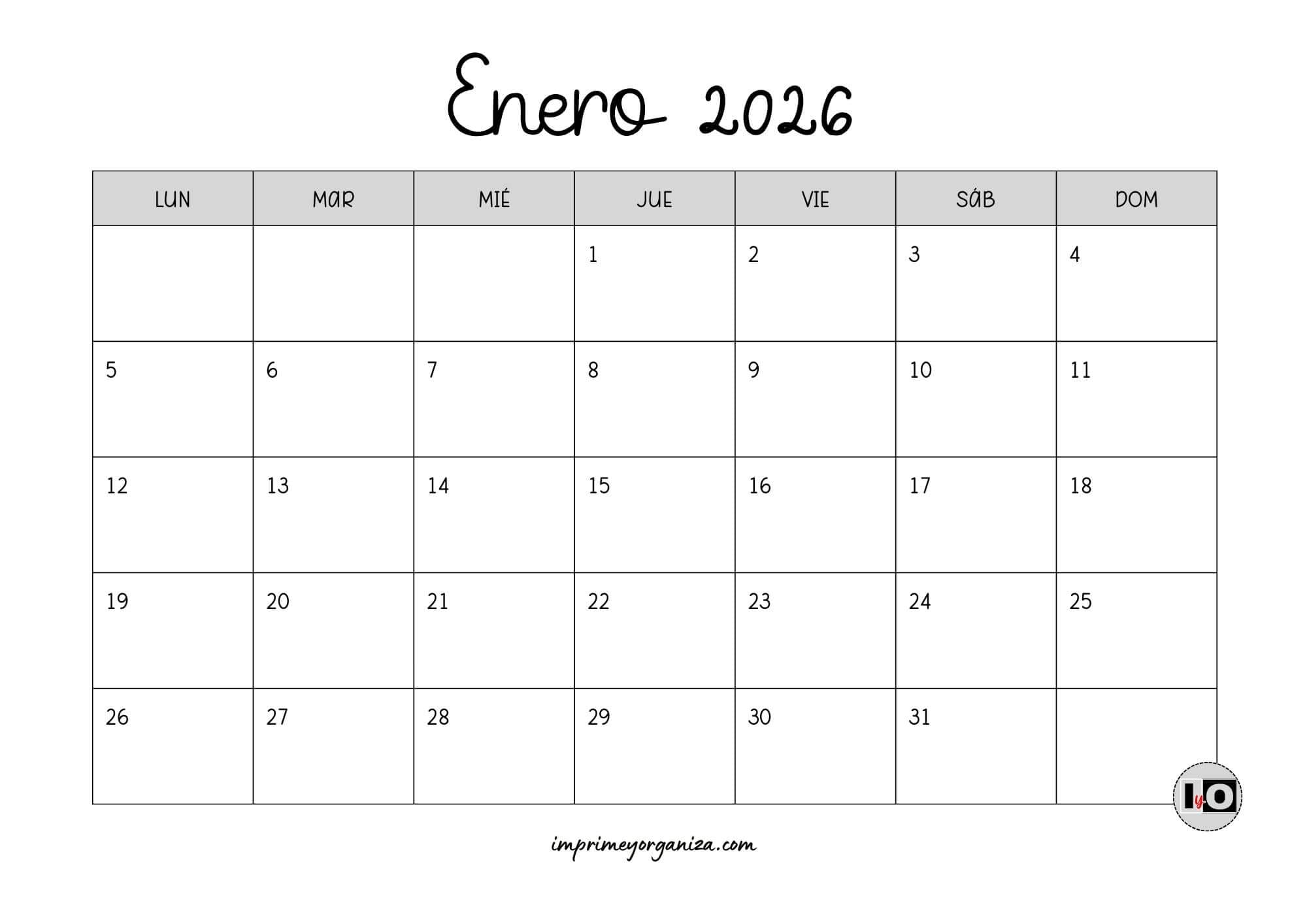 Calendario Mensual 2026 Gris