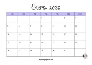 Calendario Mensual 2026 Lila