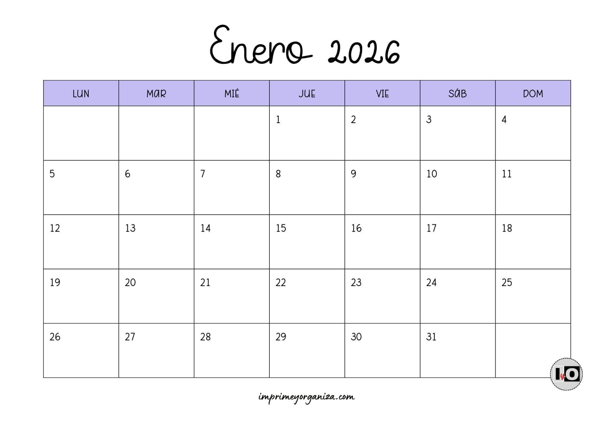 Calendario Mensual 2026 Lila