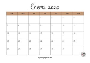 Calendario Mensual 2026 Marrón