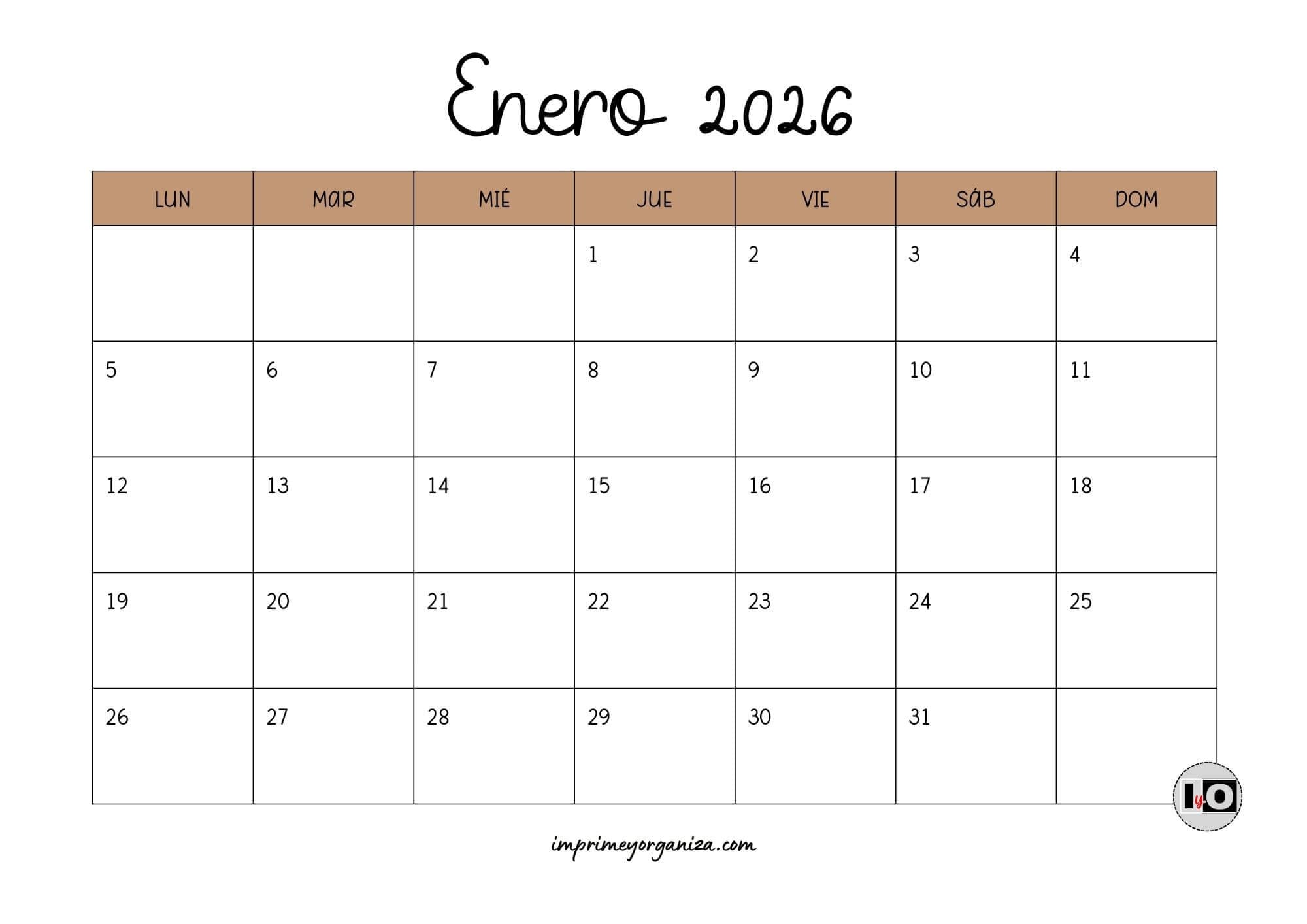 Calendario Mensual 2026 Marrón