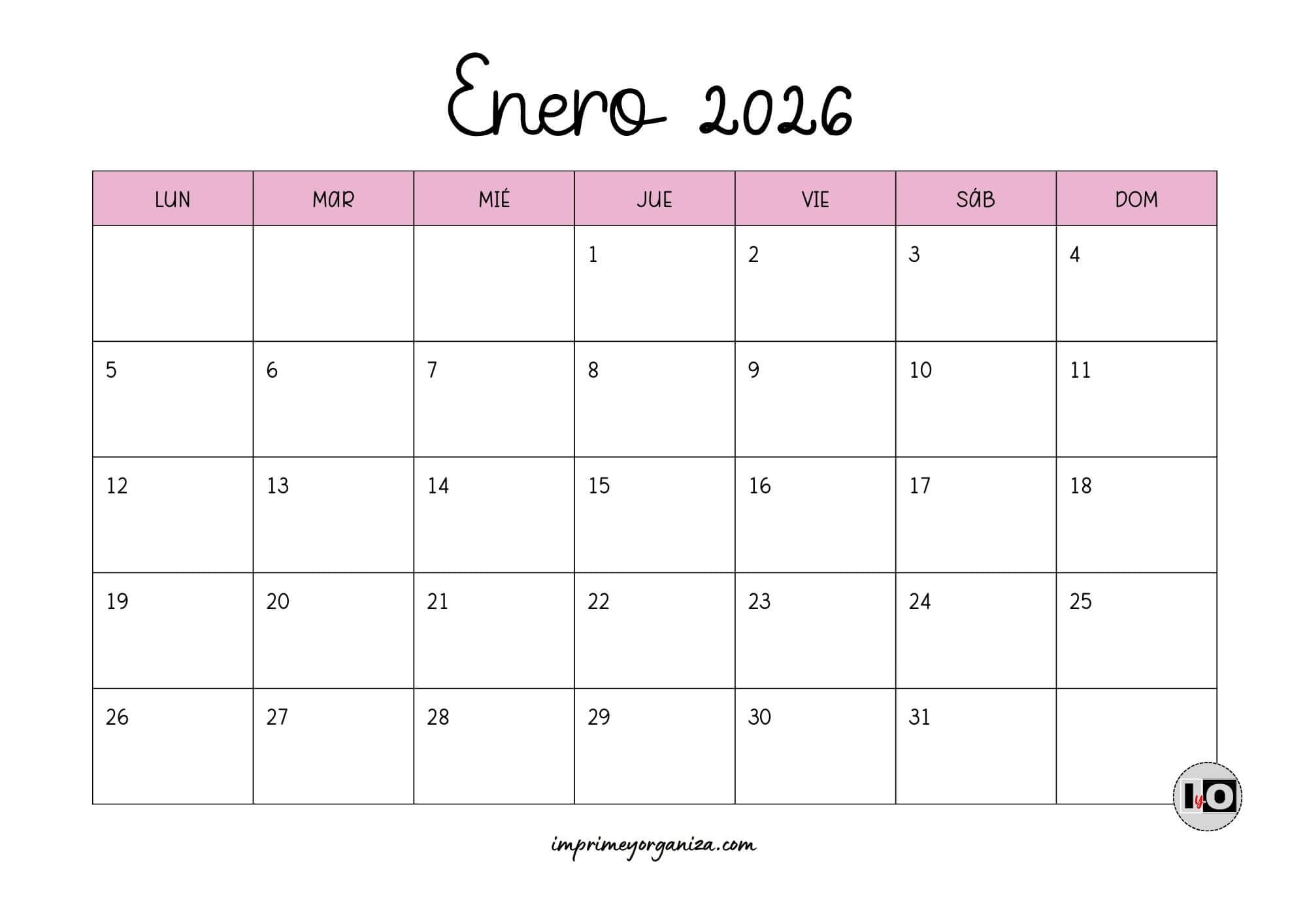 Calendario Mensual 2026 Rosa