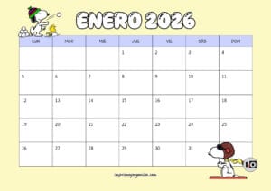 Calendario Mensual 2026 Snoopy Amarillo