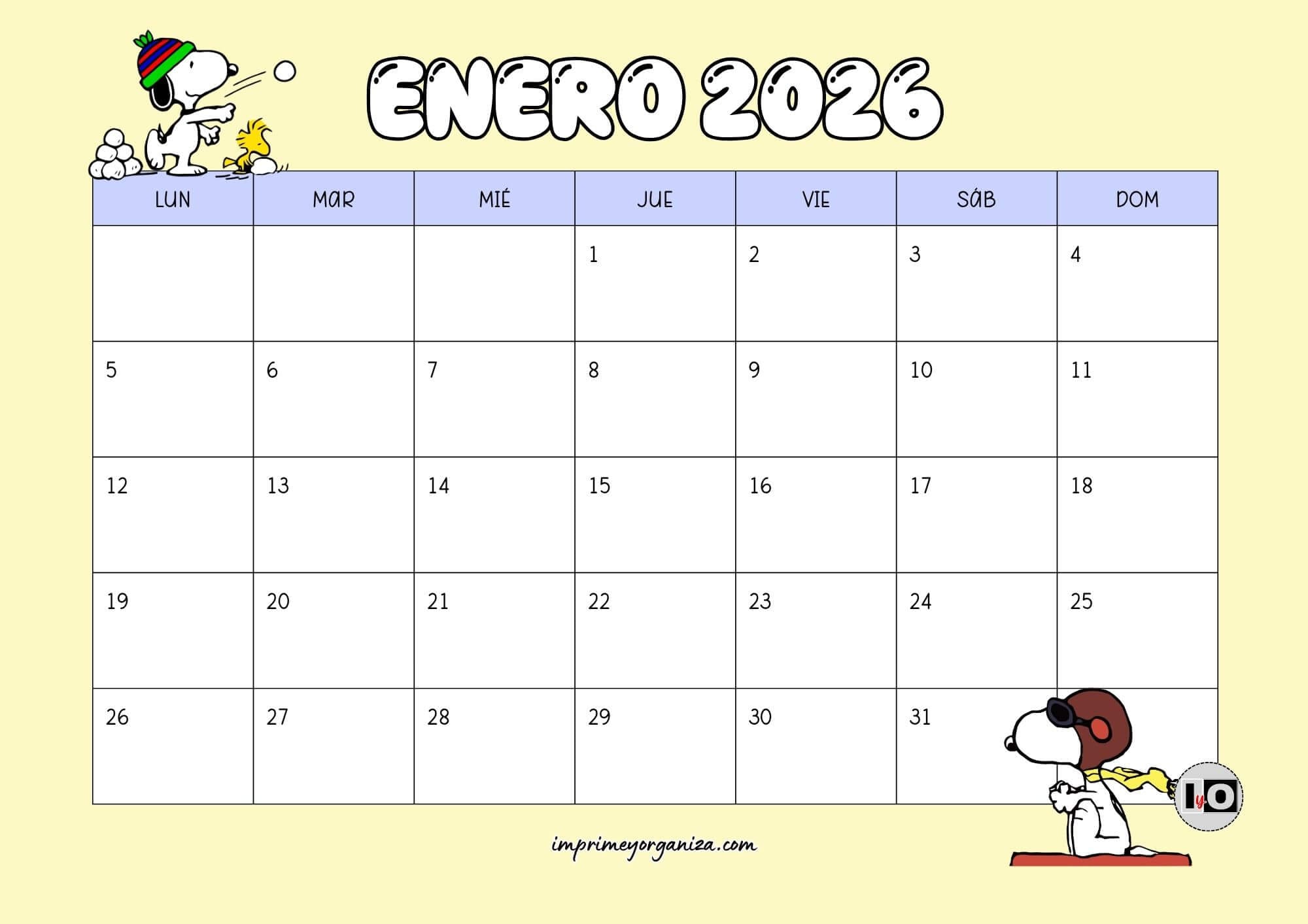 Calendario Mensual 2026 Snoopy Amarillo