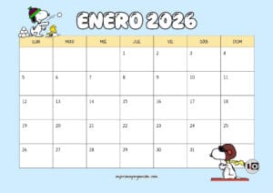 Calendario Mensual 2026 Snoopy Azul