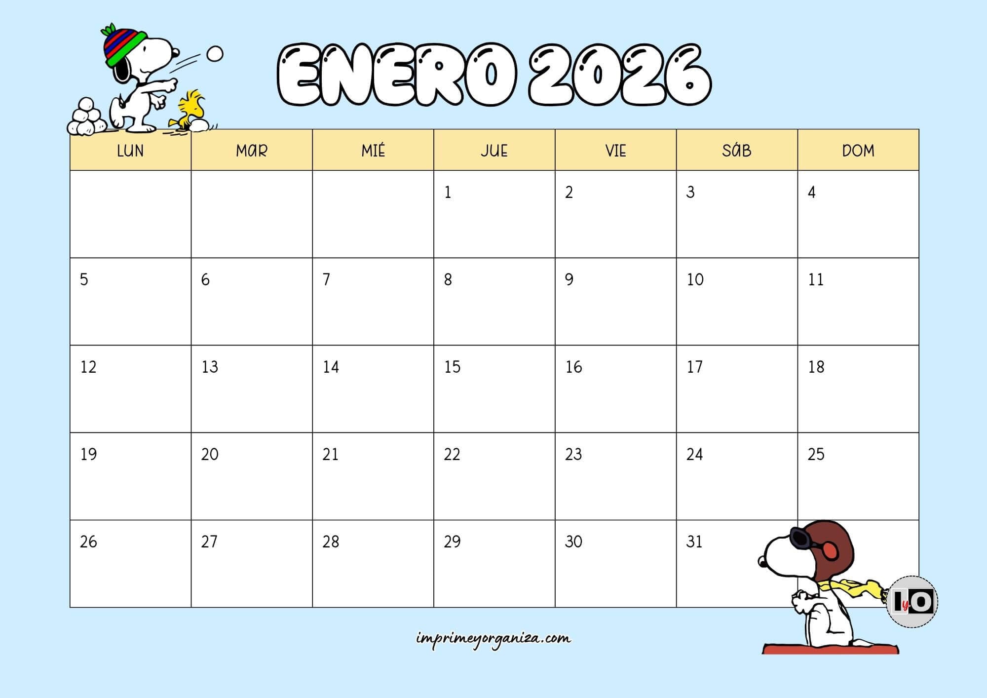 Calendario Mensual 2026 Snoopy Azul